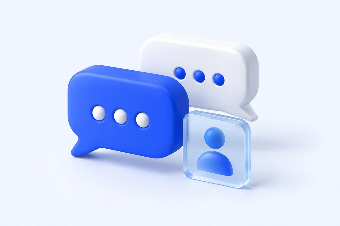 Balões de conversa em 3D representando a comunicação com clientes