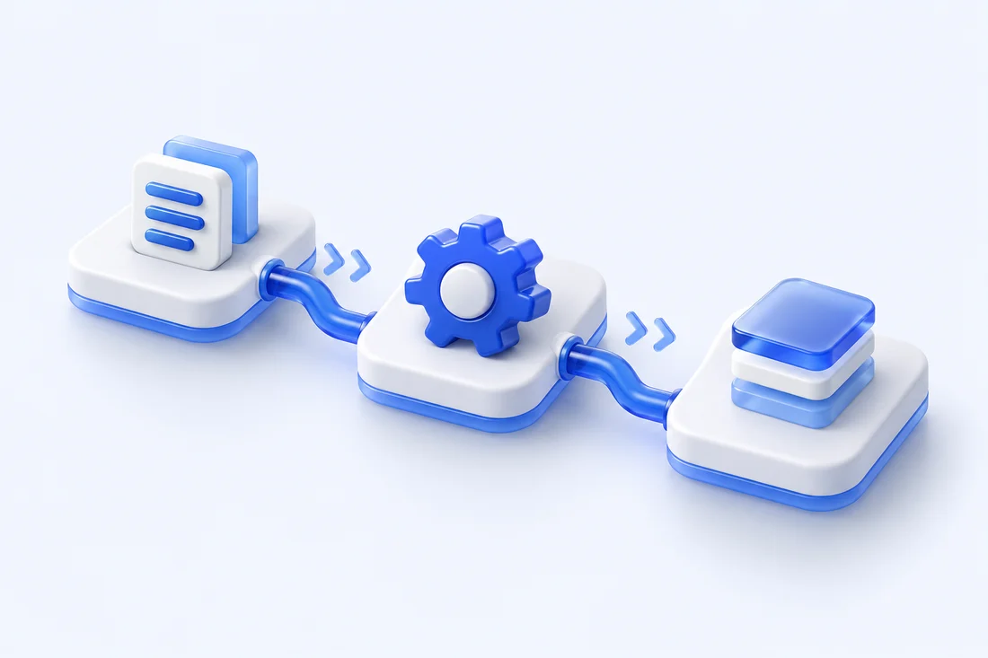 Fluxo de trabalho em 3D com etapas conectadas e uma engrenagem